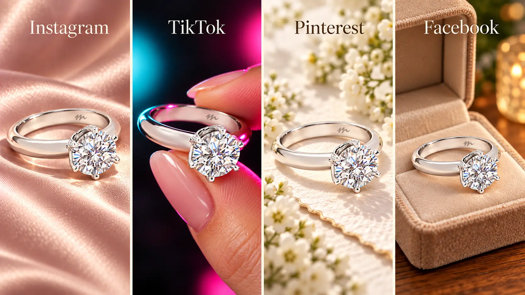 A four-panel collage showing how the same diamond ring is styled differently for Instagram, TikTok, Pinterest, and Facebook.Diamond_ring_in_four_social_styles_2279
