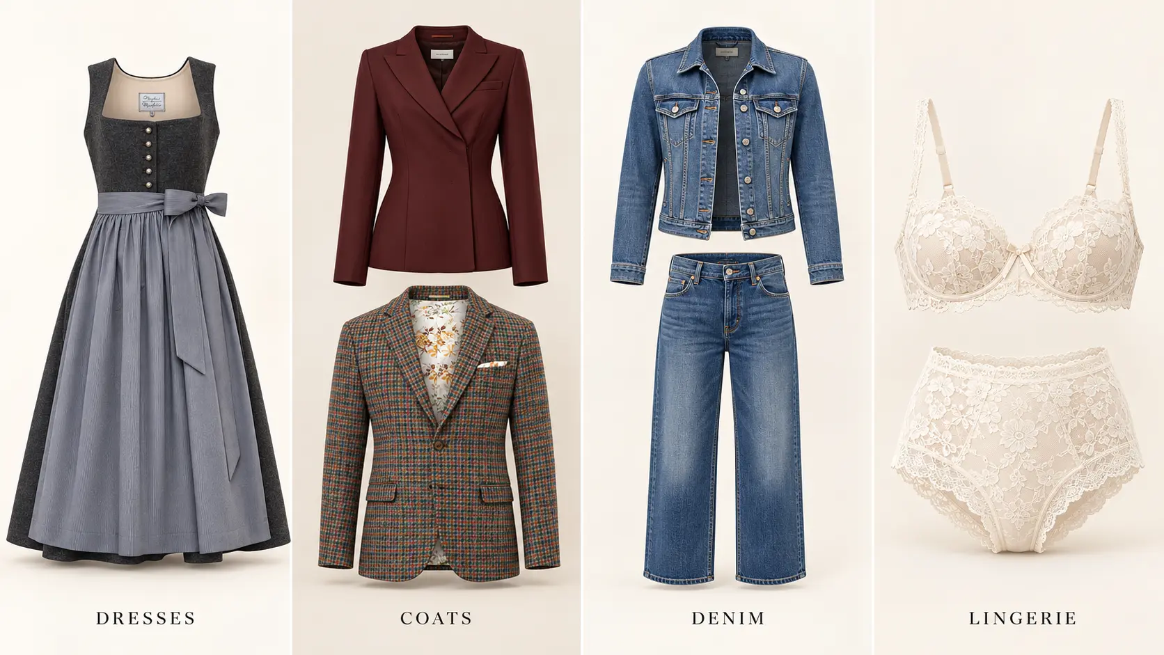 A collage featuring different apparel types. Dresses, coats, denim, lingerie. Each edited with ghost mannequin techniques.
