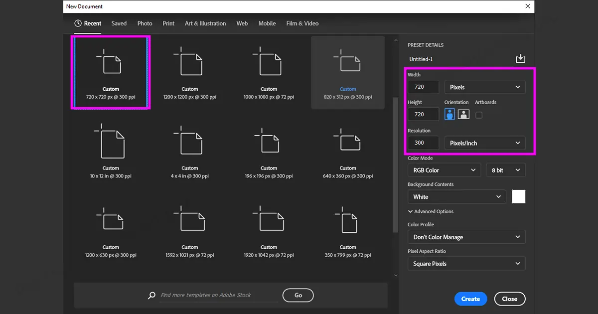 Customizing canvas from the new document box